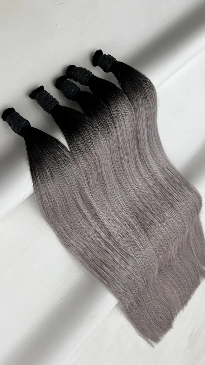 Black–grey ombré bulk hair — 65 cm batch.