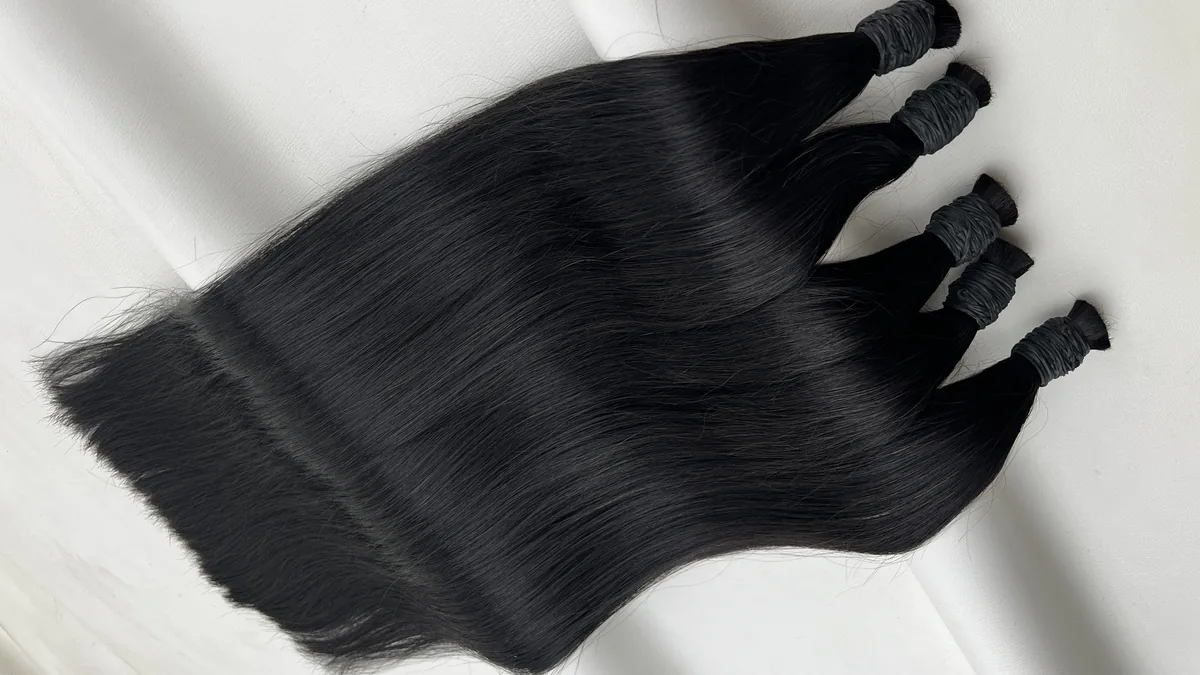 1B straight bulk hair — full-length view, 65 cm photographed batch.